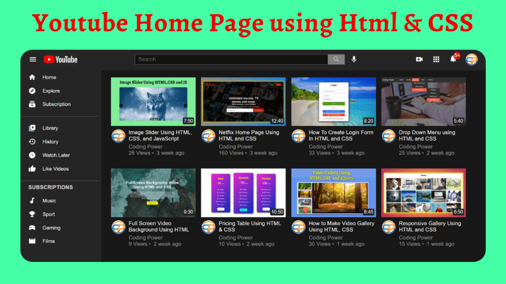 YouTube Home Page Using HTML And CSS Coding Power Coding Power
